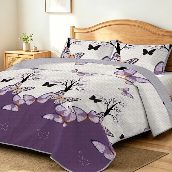 FIVERAM Butterfly Bedspread for King Bed,3 Piece Purple Lightweight Quilt Set,Reversible King/Cal King Coverlet Bedding Set for Women Bedroom Decor