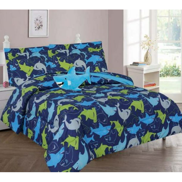 Full Shark Blue Boys Bedding Set Beautiful Microfiber Comforter With Furry Friend And Sheet Set 8 Piece Kids Bed In A Bag Walmart Com Walmart Com
