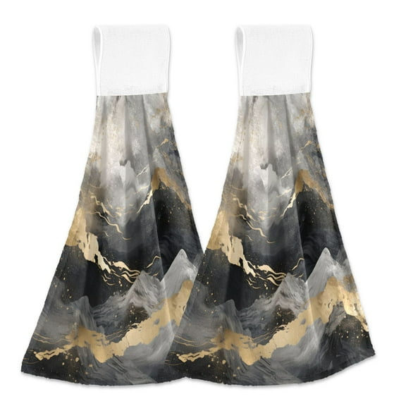 2 Pcs Gold Black White Marble Kitchen Hand Towels with Hanging Loops Absorbent Soft Fast Drying Decor Bath Towels