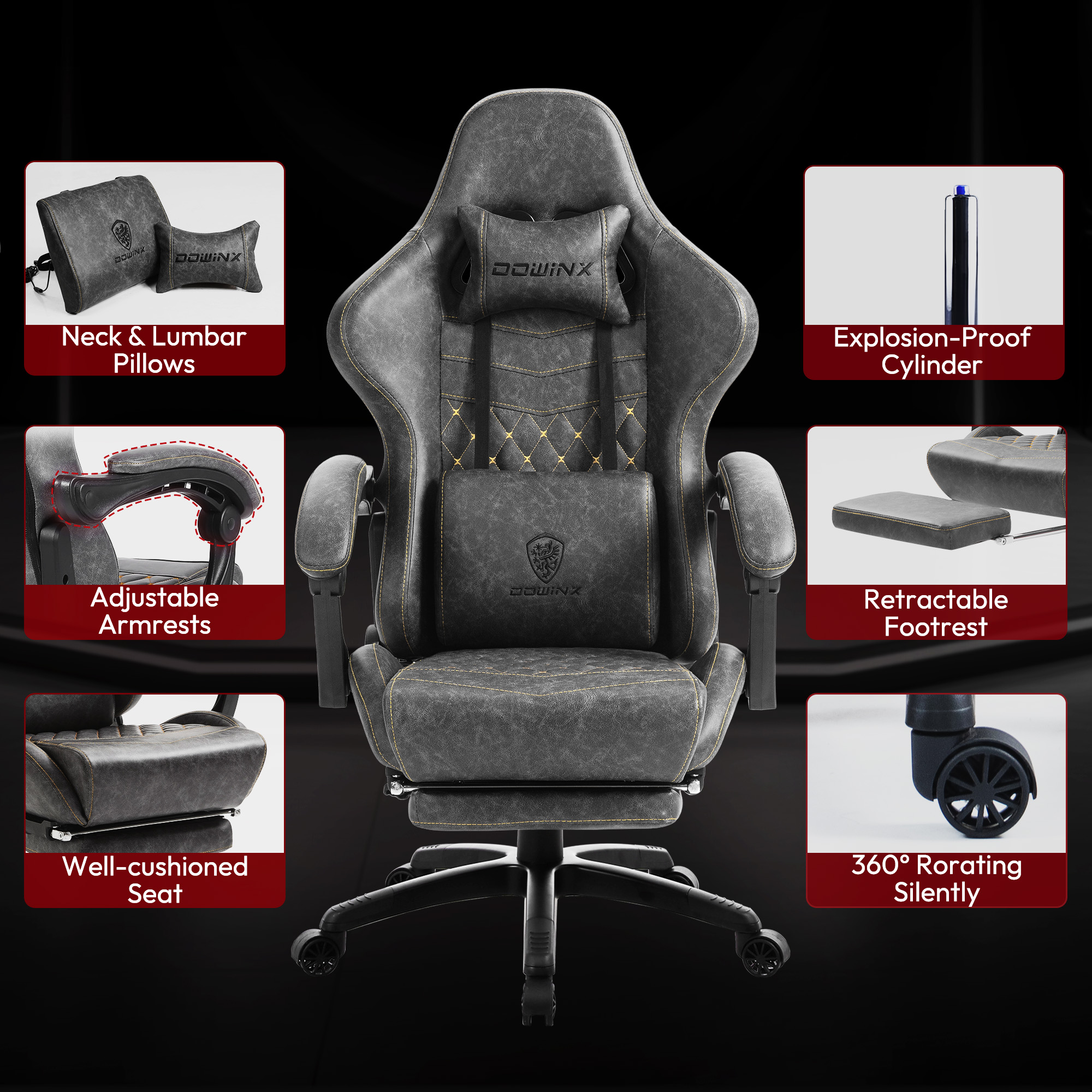 GOOSEA Big and Tall Gaming Chair with Footrest, Ergonomic High Back Office Computer Chair, Adjustable Massage Lumbar Support, PU Leather for Adults, 350Lbs, Grey
