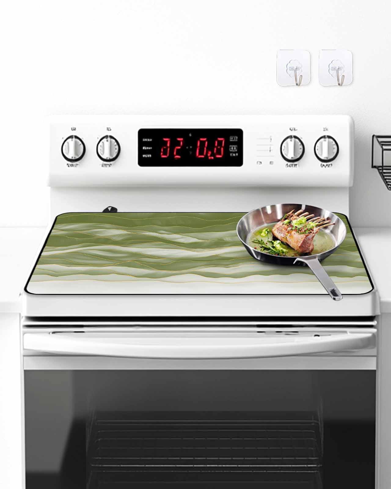 Stove Top Covers for Electric Stove, Sage Green Ombre Glass Stovetop Cover Protector, Modern Moire Abstract Art Luxury Induction Cooktop Protector Oven Mat for Kitchen Countertop 36"x21"