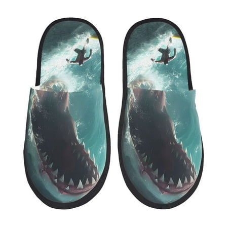 Balery Surfing Shark Slient Indoor Furry Fleece Comfort House Shoes Soft Non-Slip Home Shoes Cotton slippers House Slippers-- Large