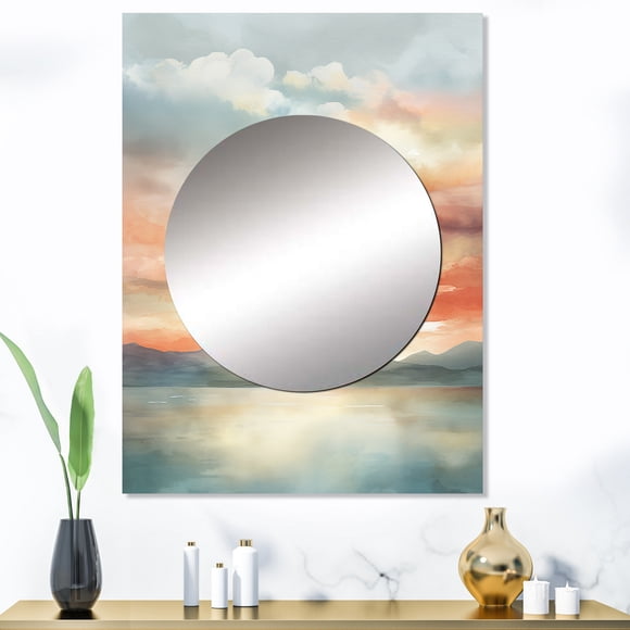 Designart "Striking Coastal Sunset Vista III" Sunrisesunset Mirror Wall Decor - Traditional Beige Landscapes Mirror Wall Art For Bathroom - 40" x 30" Inch