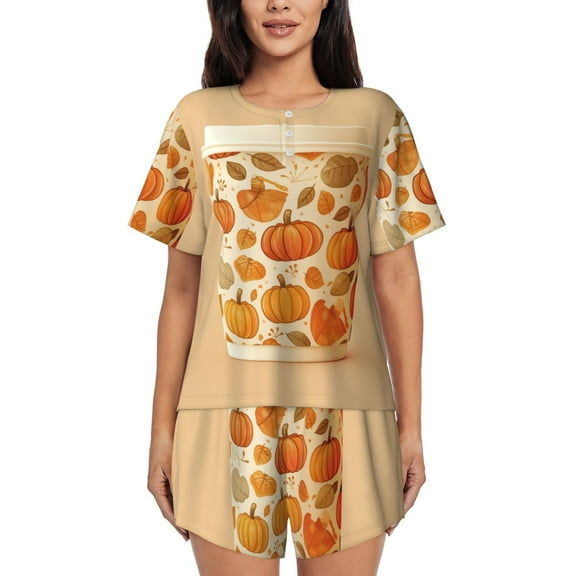 Halloween Pumpkin Coffee Cup (10) Womens Pajamas Short Set Soft Short Sleeve Sleepwear Button Down Pjs Set with Pockets S XXL Small
