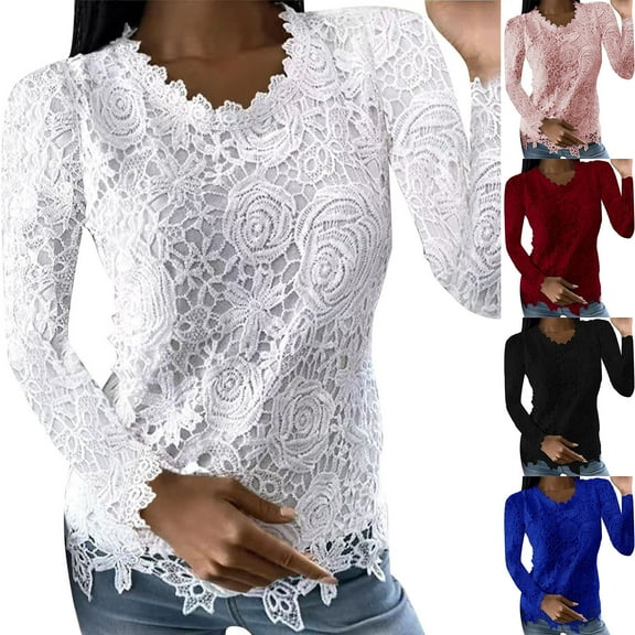 Elainilye Fashion Womens Tops Lace Slim Long Sleeve Blouses Floral Crewneck Elegant Tunic Tops,White