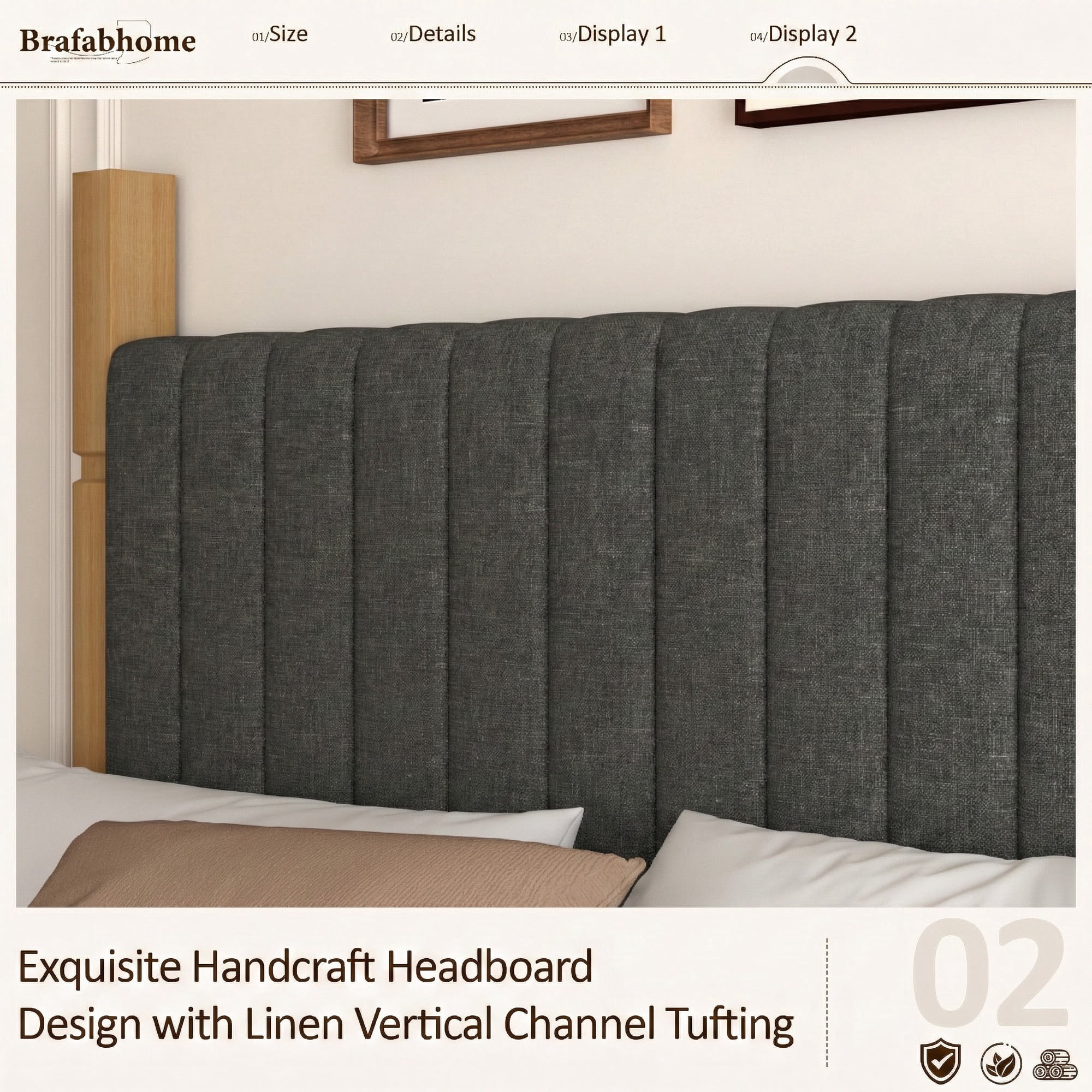 Brafabhome King Bed Frame with Upholstered Headboard, Modern Wood Bed Frame with Solid Wood Posts, No Box Spring Needed, Gray Linen