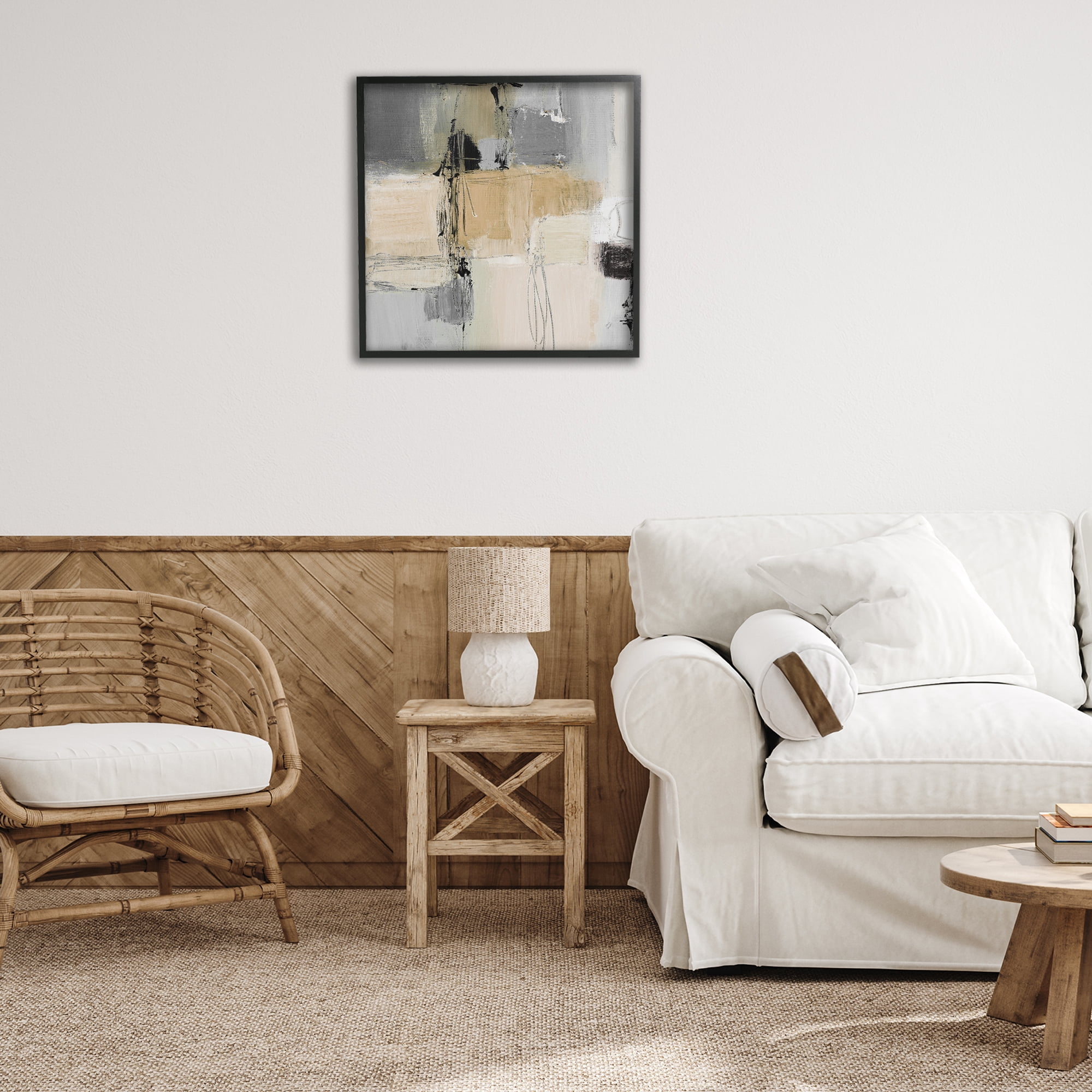 Stupell Industries Tan & Grey Rustic Collage Abstract Painting Black Framed Art Print Wall Art, 24 x 24