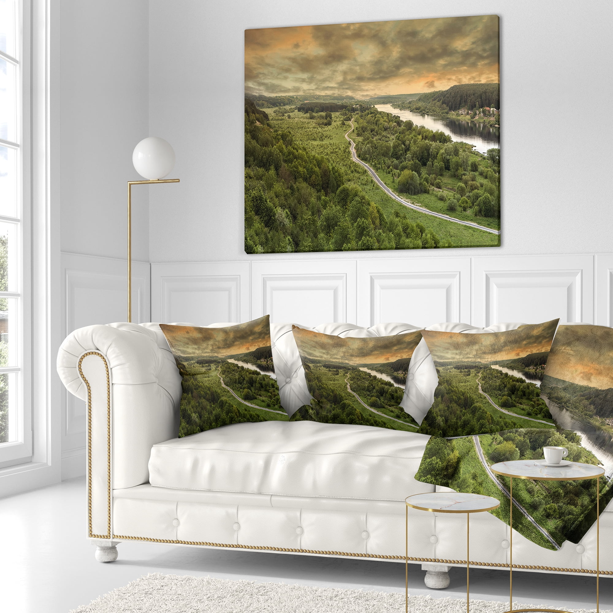 Designart Road along the Nemunas in Green - Landscape Printed Throw Pillow - 18x18