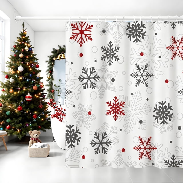 Colourful Christmas Snowflake Patterned Shower Curtain, Waterproof Polyester Fabric with 12 Hooks, Decorative Bathroom Accessory for Home and Hotel Use, 90x180 cm
