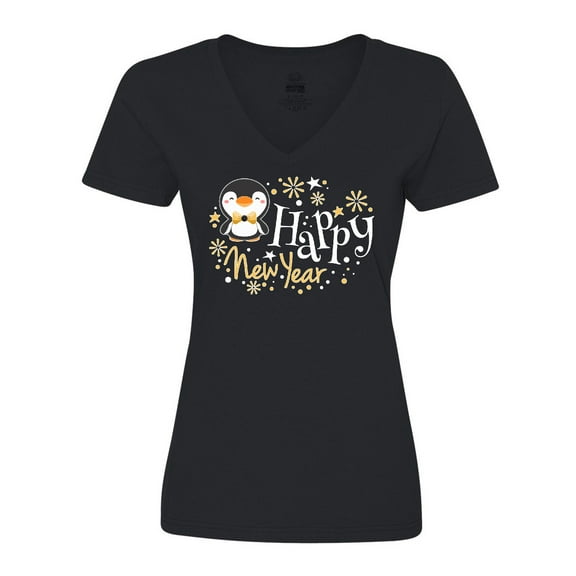 Inktastic Happy New Year with Cute Penguin Women's V-Neck T-Shirt
