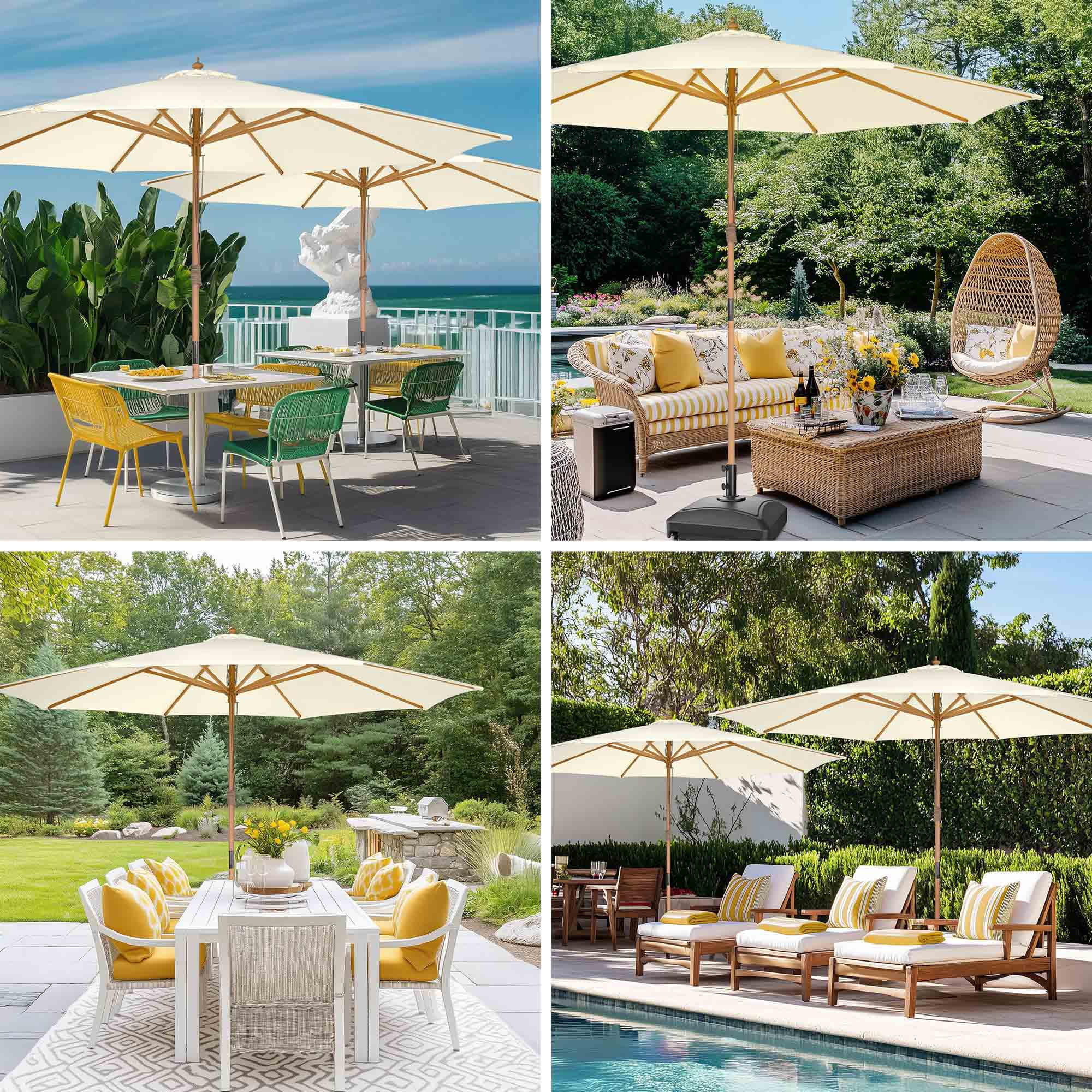 Yescom 13FT Large Wooden Outdoor Patio Umbrella Solid German Beech Pole Rope Pulley Lift for Deck Pool Backyard Garden Market Beach Parasol,Ivory
