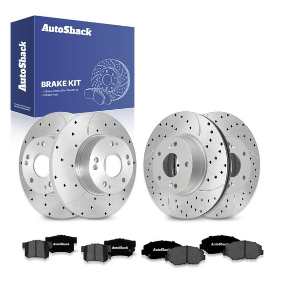 AutoShack Front Vented & Rear Solid Drilled & Slotted Silver Zinc Coated Brake Rotors   Premium Ceramic Pads 12-PC Brake Kit Replacement for 2003-2005 Honda Accord SilverShield Pro