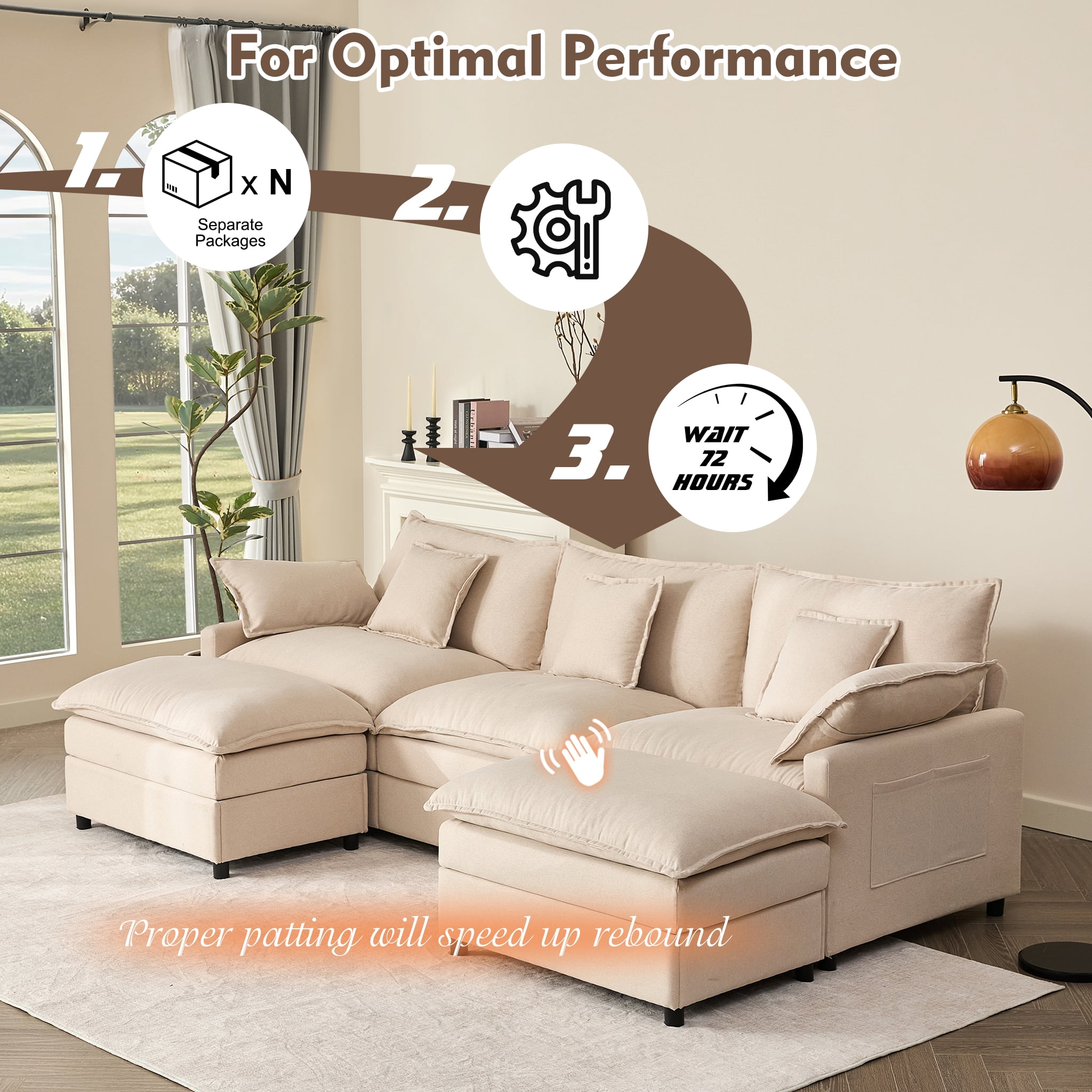 Bigsyy 3 - Seat Sectional Sofa Couch, Comfy Cloud Style, Deep Seat, Sleeper Function with Throw Pillows. Ideal for Adult - Occupied Living Rooms, Modern Design, Cozy Beige