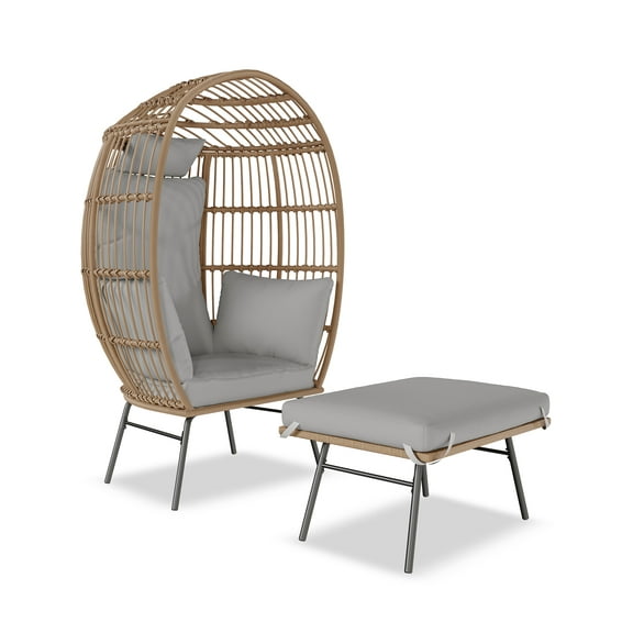 Grey Hanging Egg Chair with Ottoman - Oversized Outdoor Lounge Chair with Padded Cushions & Metal Stand for Patio, Balcony, Living Room
