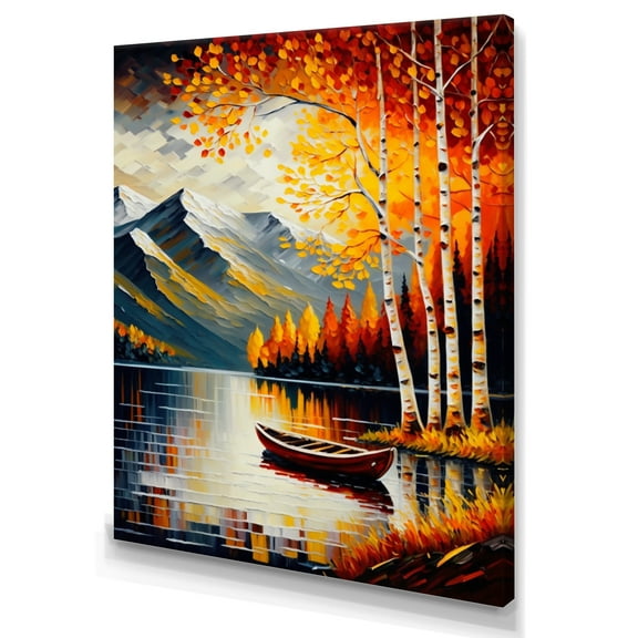 Designart Red And Orange Birch Trees By The Lake II Canvas Wall Art