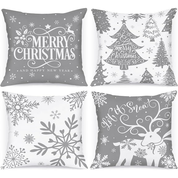 White and Grey 20x20 Christmas Pillow Covers Set of 4, Decorative 20 Inch Gray Winter Snowflake Throw Pillow Case Xmas Cushion Cover for Indoor House Sofa Grey