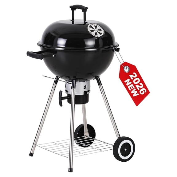 18 inch Kettle Charcoal BBQ Grill with Wheels, Portable Charcoal Grill with Porcelain-Enameled Lid & Catcher for Outdoor Cooking Barbecue Camping Picnics Tailgating, Black