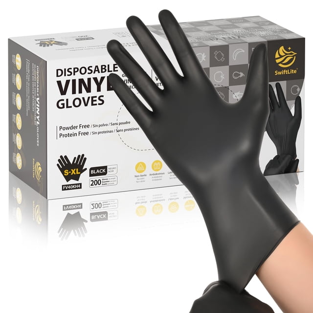 Guantes de vinilo SWIFTLITE negros, libres de látex y polvo, 200 piezas