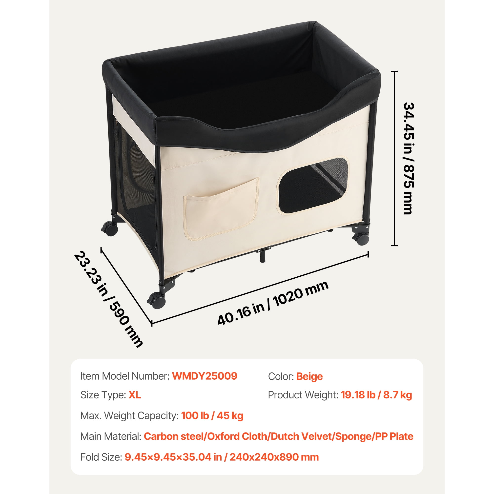 KFFKFF Double-Layer Pet Bed with Wheels, Foldable Dog Bed with Durable Oxford Cloth, Soft Velvet, Side Storage Pockets, and Storage Bag,40" X 23"