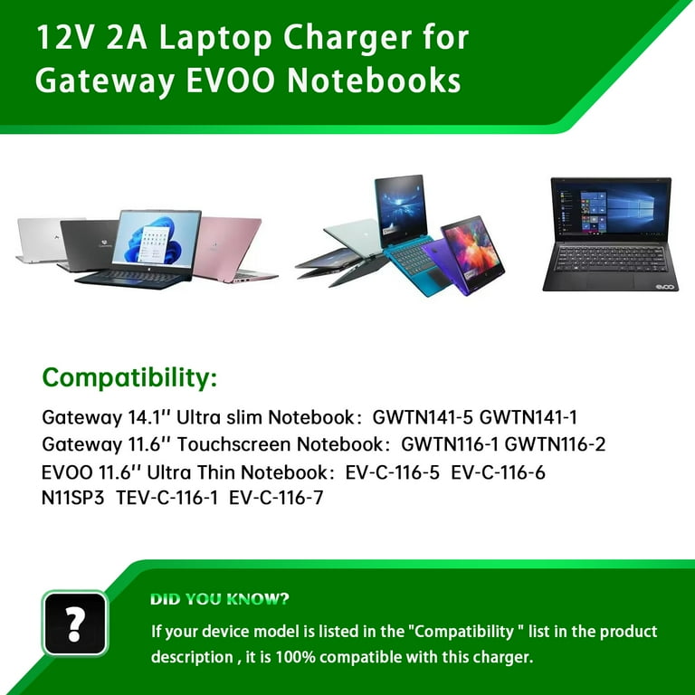 12V 2A Charger For Gateway Laptop GWTC116, GWTN156, GWTN116, GWTN133, GWTN141, SAW30-120-2000U, GWNC21524 (UL Listed