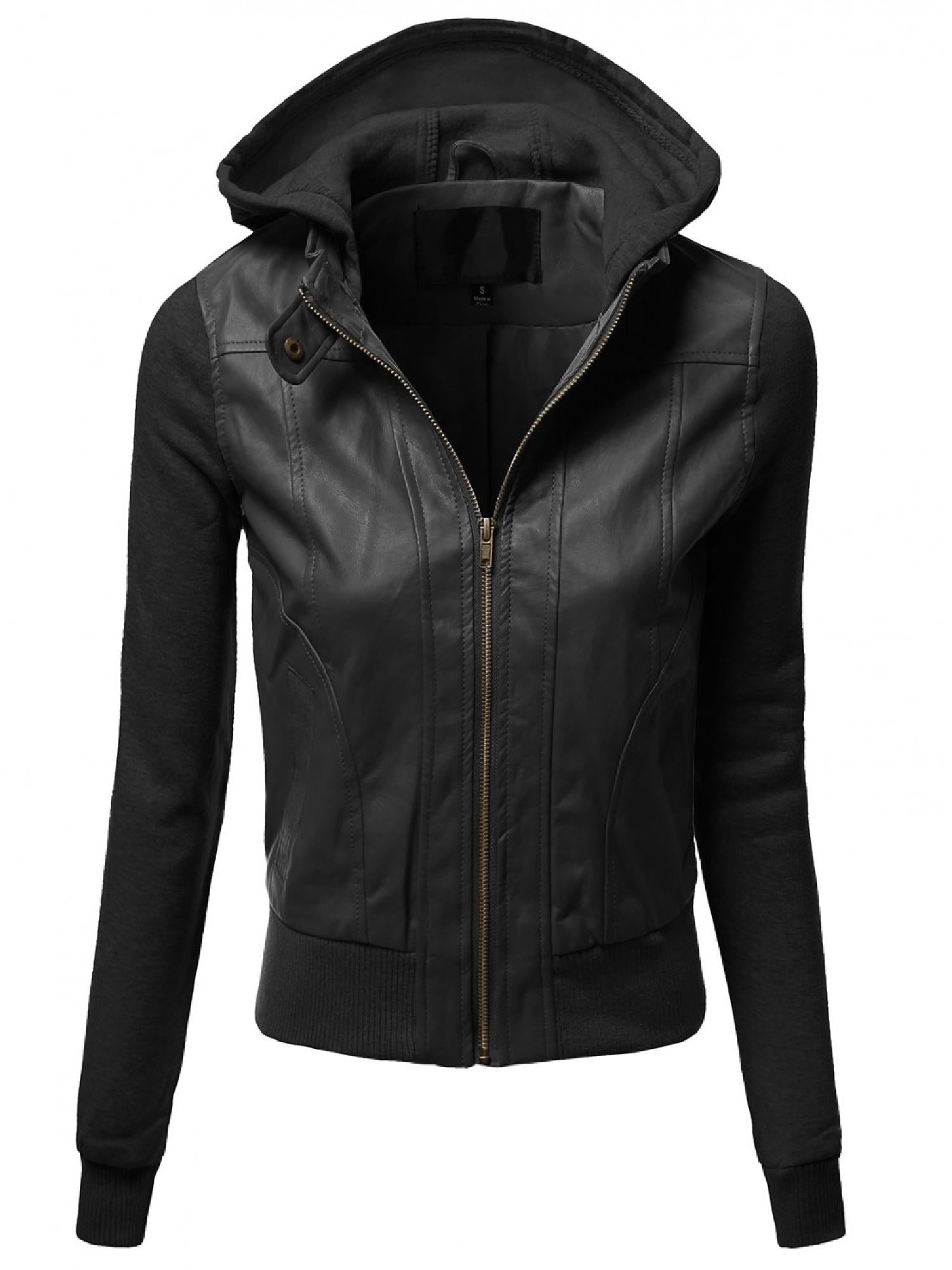 Fashionoutfit Women S Solid Fleece Contrast Long Fashionoutfit Women S Solid Fleece Contrast Long Sleeves Faux Leather Hoo Jacket Com