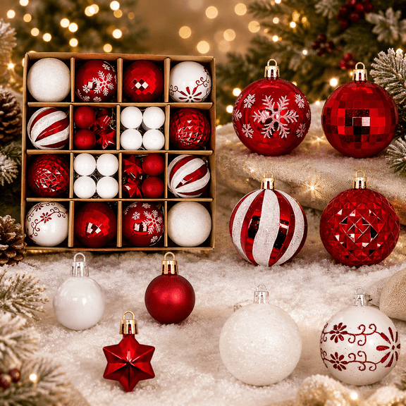 44 Pcs Christmas Ball Ornaments, Shatter-Resistant Plastic Xmas Tree Decorations with Balls and Stars for Wreath, Garland, Home and Party, Multicolor