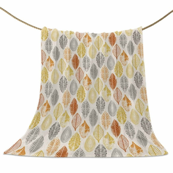 Flannel Fleece Blanket Orange Leaves Pattern Super Soft Warm Cozy Throw Blanket Gray Yellow Bed Couch Car Blankets for All Season 50" x 60"