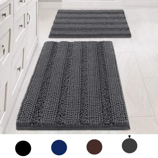 NonSlip Bathroom Rugs Chenille Soft Striped Plush Bath Mat (Dark Grey,16" x 24"+ 20" x 34