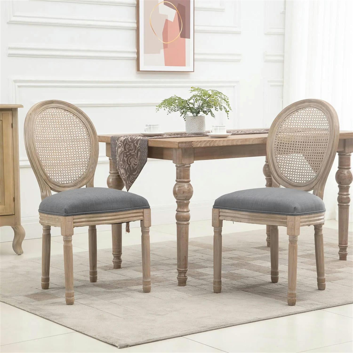 Demi Bonn Dining Chairs Set of 2, French-Style Upholstered Dining Room Chairs with Rattan Backrest and Linen-Touch Upholstery for Kitchen Restaurant, Living Room, Gray