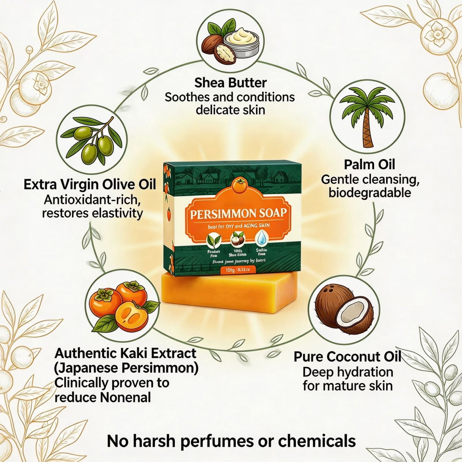 kaori Persimmon Deodorizing Cleansing Soap—a natural deodorizing bath soap; formulated with Japanese persimmon and green tea extracts to gently care for the skin of both men and women (single bar).