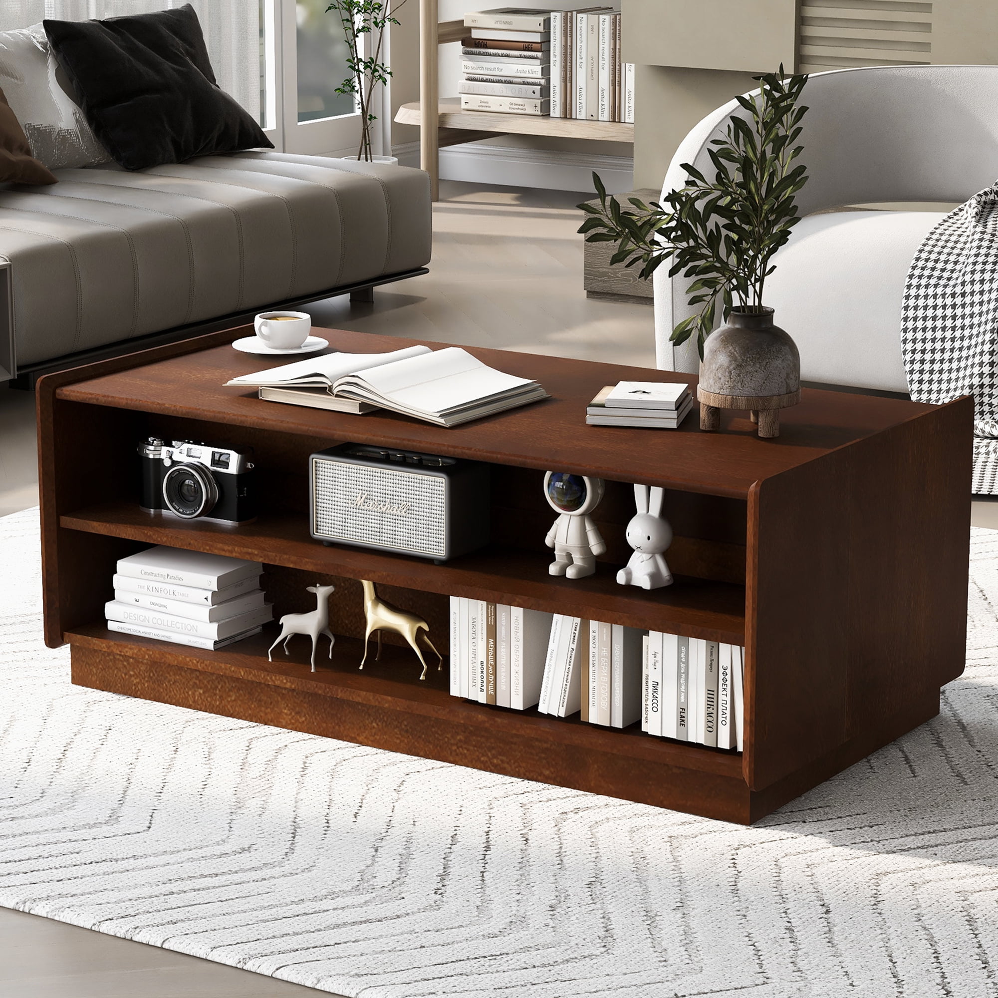 Euroco Vintage-Style Coffee Table with 4 Drawers and Open Shelves, Tempered Glass Drawer Fronts, MDF Wood Frame – Modern Living Room Storage Table, Easy Assembly