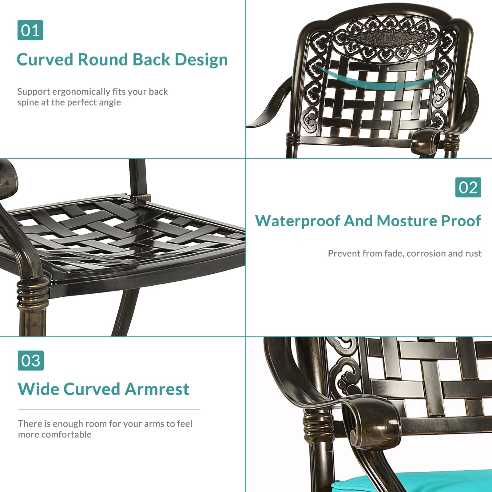 MEETWARM 2 Piece Patio Dinning Swivel Chairs Rocker, Outdoor All-Weather Cast Aluminum Chairs with Cushions, Patio Bistro Dining Chair Set for Garden Deck Backyard, Ocean Blue