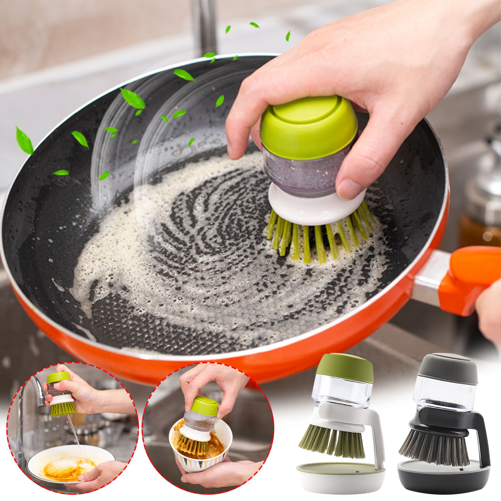 NileHome Dish Brush with Soap Dispenser Dish Scrubber with Replaceable PP  Head Kitchen Dish Scrub Brush with Stainless Steel Handle Dish Cleaning