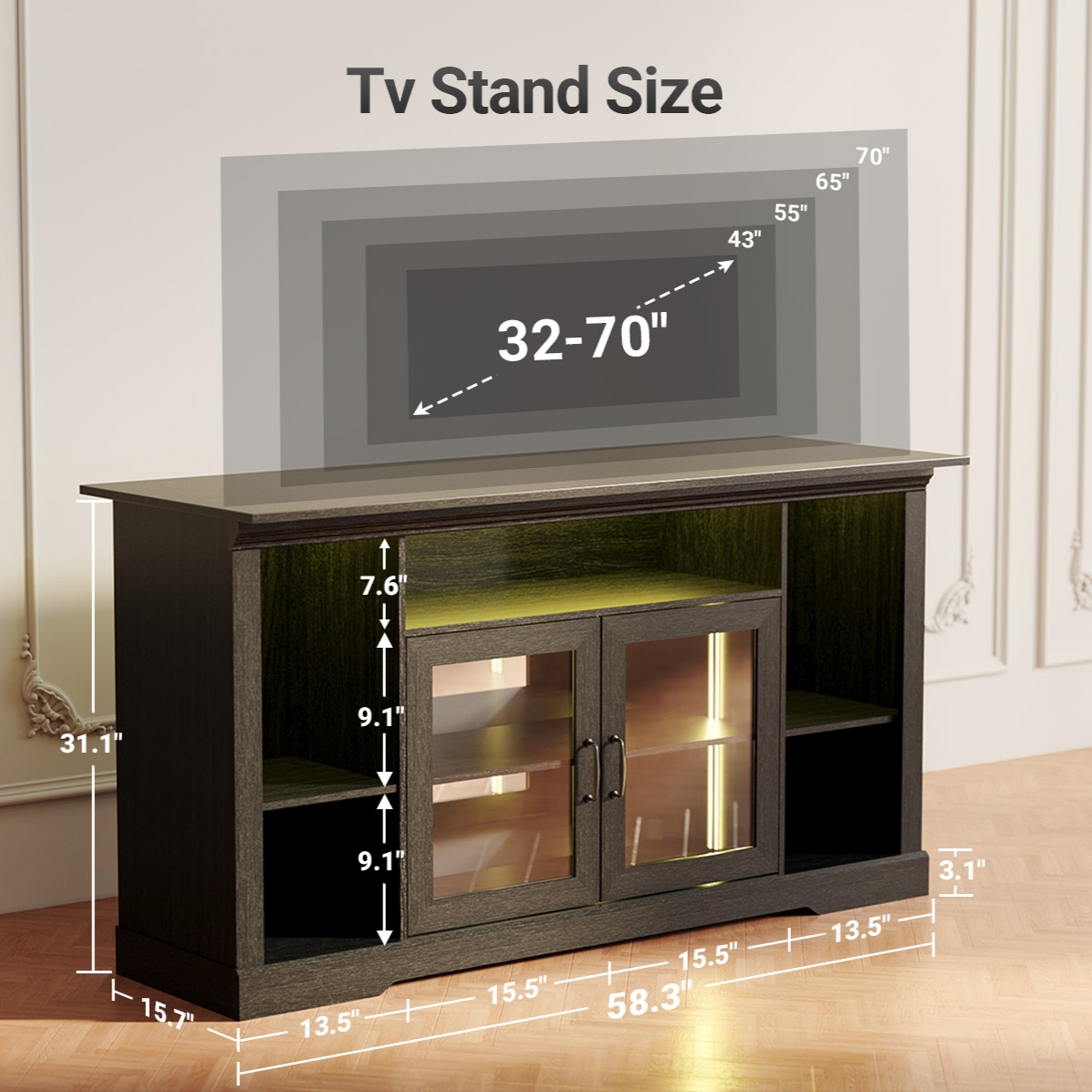 Innovar Modern TV Stand with LED Lights for 65 inch TV, Black Tall TV Cabinets with Storage & Adjustable Shelves, Entertainment Center with Glass Doors for Living Room and Bedroom