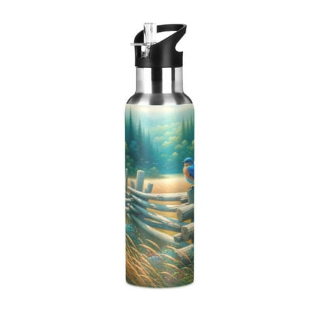 

Water Bottles 34oz Straw Lid Wide Mouth Stainless Steel for School Sport Travel Bluebirds and Forests