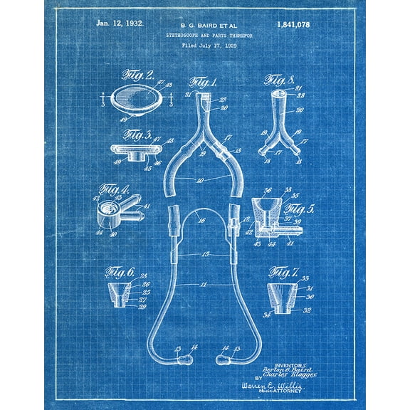 Original Stethoscope Artwork Submitted In 1932 - Medical - Patent Art Print