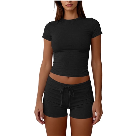 Women's Two Piece Sets Summer Slim Fitted Short Sleeve Tops Drawstring Shorts Matching Lounge Sets Solid-Color Round Neck Casual 2 Piece Set