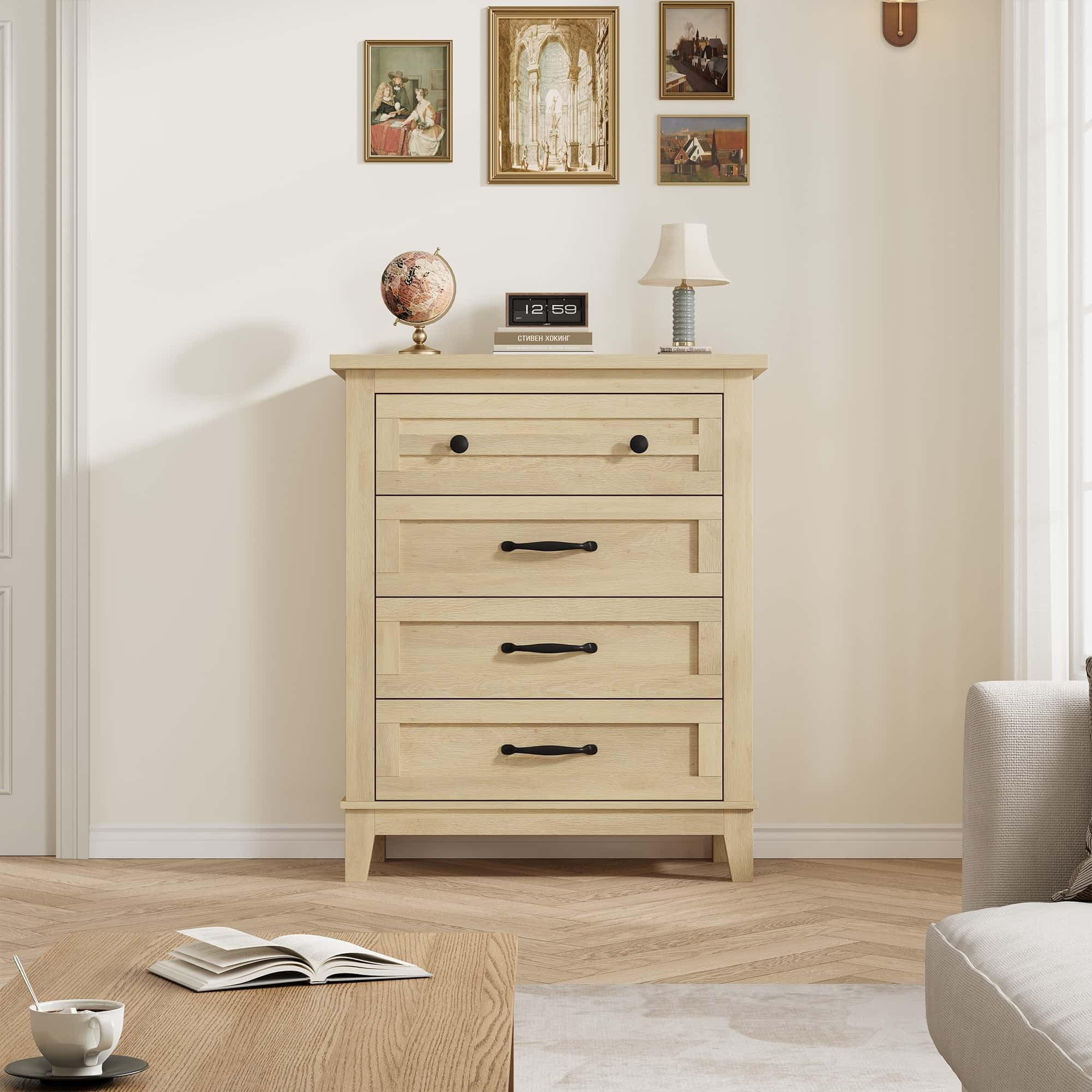 Dresser for Bedroom, 4-Drawer Chest of Drawers, Wooden Storage Dresser with Large Drawers for Living Room, Natural