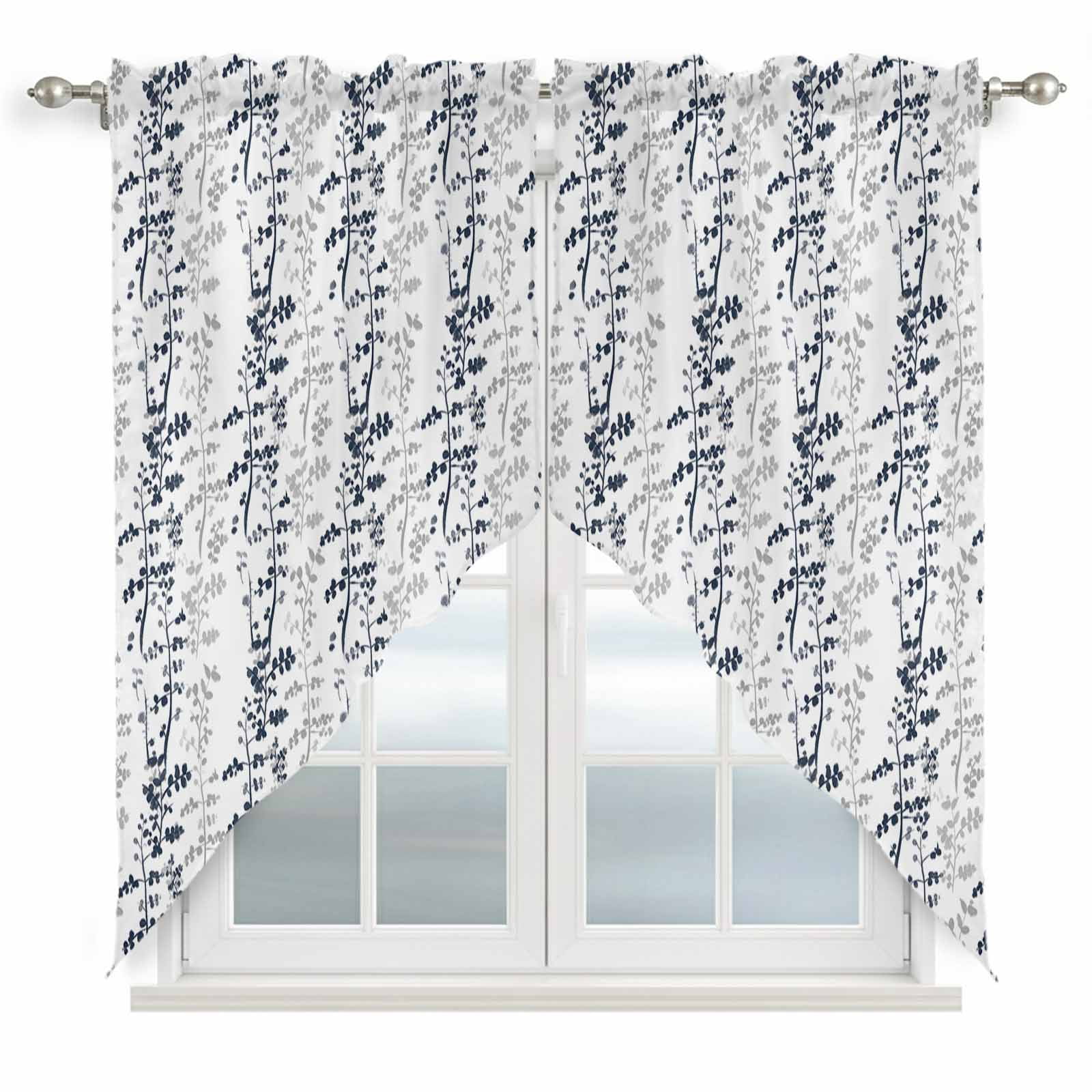 Dark Blue Grey Botanical Swag Valances for Windows 2 Pack, Kitchen Window Curtains 36 Inch Length, Spring Floral Summer Farmhouse Privacy Swag Curtains for Living Room/Bathroom 36"x36"