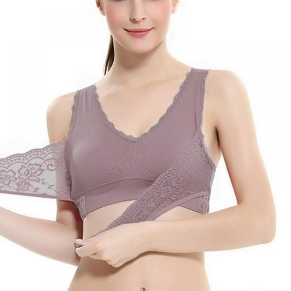 Women's Sports Bras Solid Color Lace Front Cross Side Buckle Without Rims Gathered Bra for Yoga Sleep Daily Wear