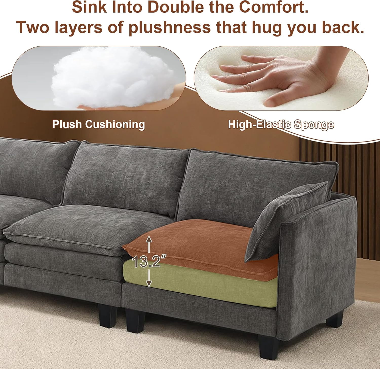 Howcool Cloud Couch Modular Sectional Sofa 3 Seat 107" L Shaped Convertible Couch Chenille Thick Cushion with Ottoman, Removable & Washable Cover for Living Room, Dark Gray