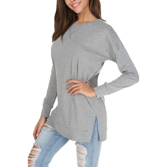 Women Side Slit Long Sleeve Sweater Crew Neck Loose Fit Casual Knit Pullover Top Light Gray M