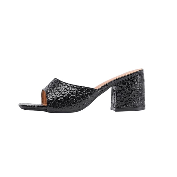 Black Women'S Square Toe One Strap High Heel Sandals Chunky Heel Casual Summer Pu Outdoor Indoor Size 5.5