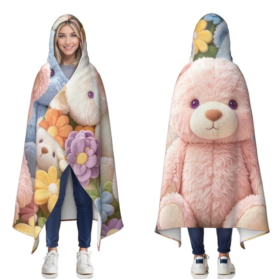 Cozy Plush Cute Teddy Bear Wearable Blanket Hoodies for Office Home Colorful Flowers Teddy Bears Hooded Blankets for Women Men Adults Teddy Bear Lovers Decor Birthday Gifts 50×60 Inch
