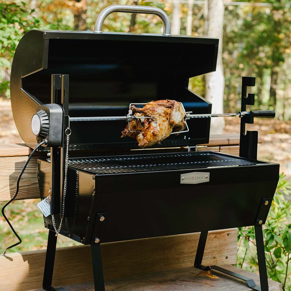 Titan Distributors Ash & Ember 4W Rotisserie Spit Roaster Grill, Rated 33 LB, Horizontal Adjustable Spit Rod for Outdoor Charcoal BBQ, Stainless Steel