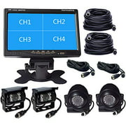 Vehicle Backup Cameras Monitor System 12V/24V,4 x HD 1080P Front Side Rear View Camera + 7" inch Quad Split 4CH Car LCD IPS Monitor for RV Bus Truck Trailer Caravan Camper