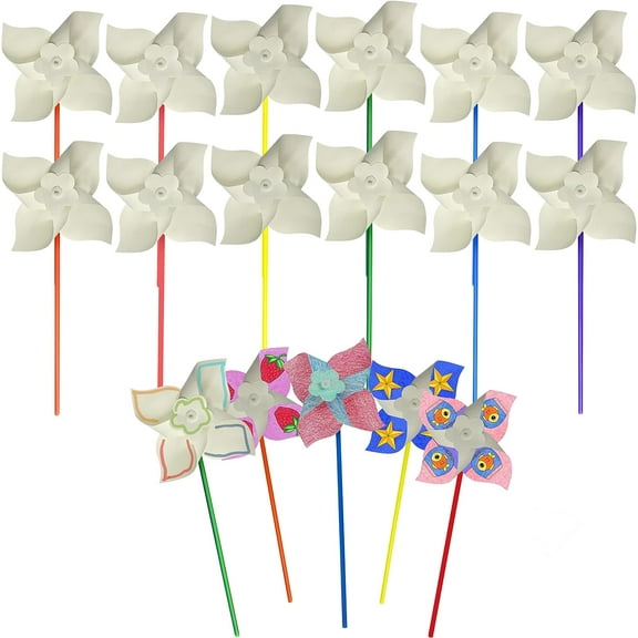 4E's Novelty 48 Pack DIY Pinwheels Craft Kit for Kids – Color Your Own White Pinwheels, Ideal for Spring Crafts and Party Activities
