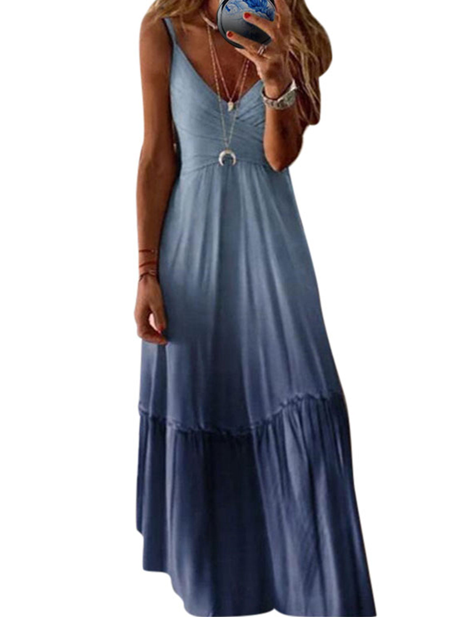 Gradient Color Sleeveless Swing Beach Sundress Slim Fit Long Dresses Women Spaghetti Strap Maxi Dress 