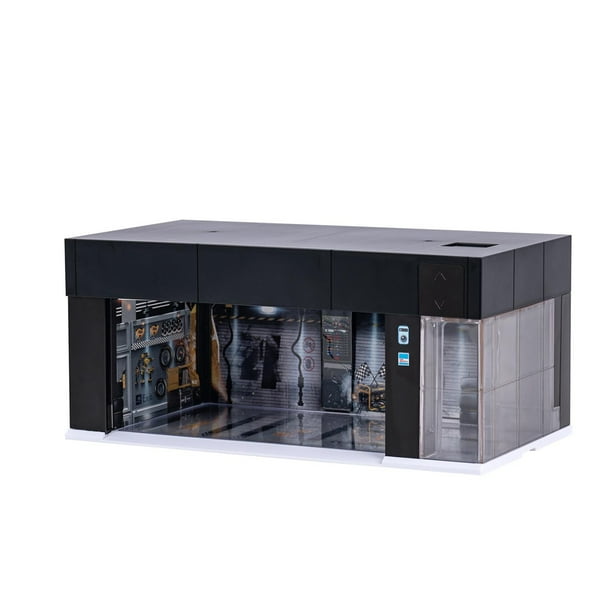 Vitrina de maquetas de coches a escala 1/64, minigaraje para vehículos, escenario iluminado, simulación de coches fundidos a presión para colecciones Negro