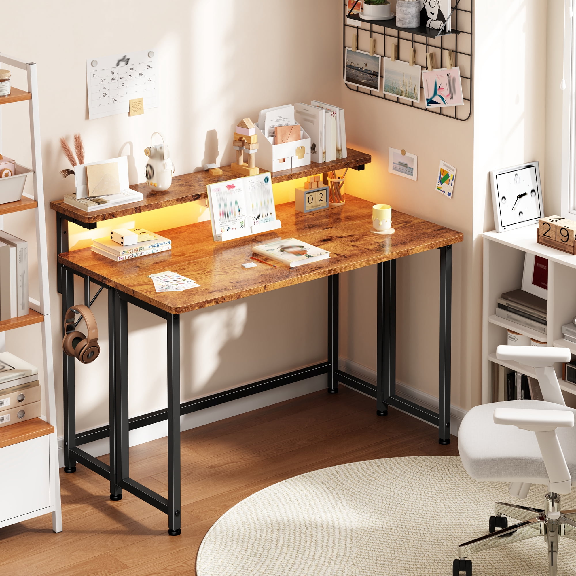 Romorgniz 39.4"D Computer Desk with LED Lights, Foldable Desk with Monitor Stand & Hooks, Computer Desk for Small Space, Rustic Brown